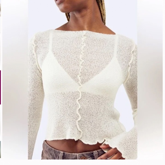 Urban Outfitters BDG Sheer Boatneck Lettuce Trim Bell Sleeve Sweater Small - Picture 3 of 12